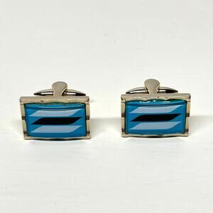 Cufflinks Silvertone Spike Style Aqua with Black White Slashes
